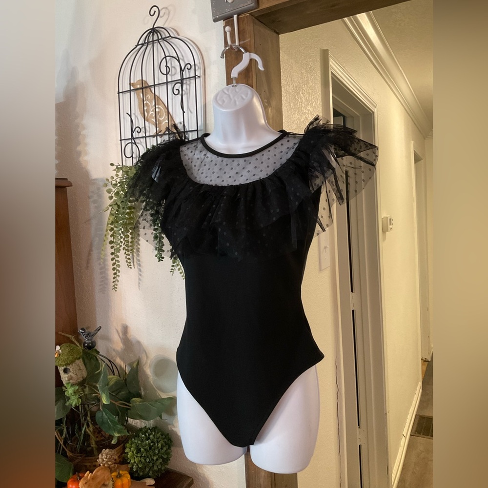 Versona Black Mesh Bodysuit  with Dotted Ruffle Pattern at Neck. NWT